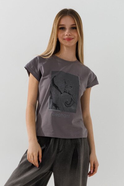 Купить Футболка с принтом для девочки Viollen 5261 146 см Темно- серый Артикул: 2000990939333 Фото №1