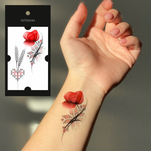 Купити Тимчасові тату Tattooshka "Український мак із вишиванкою" L-56 (4825800010099) Артикул: 4825800010099 Фото №2