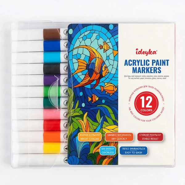 Купити Набір маркерів акрилових Ideyka M012 12 шт Різнокольоровий Артикул: 4823104384786 Фото №1