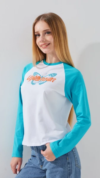 Купити Лонгслів з принтом для дівчинки LAWA P-GB02336 134 см Біло-бірюзовий Артикул: 2888000019370 Фото №3