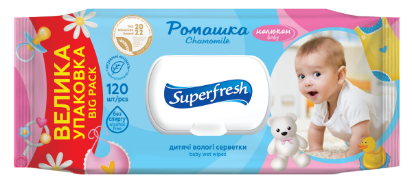 Купити Серветка волога Superfresh 42105632 Baby chamomile з клапаном 120 шт. (4823071619010A) Артикул: 4823071619010 Фото №1