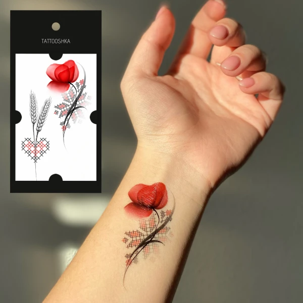 Купить Временные тату Tattooshka "Украинский мак с вышиванкой" L-56 (4825800010099) Артикул: 4825800010099 Фото №2