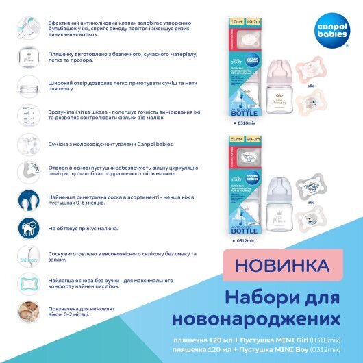 Набор для новорожденных DREAM Canpol babies 0310mix бутылочка 120 мл + пустышка MINI Girl Разноцветный (2000990116918)  Фото №4