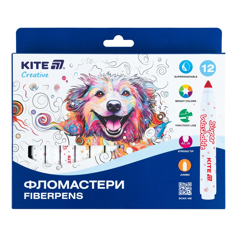Фломастери Kite Creative Superwashable Jumbo K-1155 12 кольорів  Фото №0