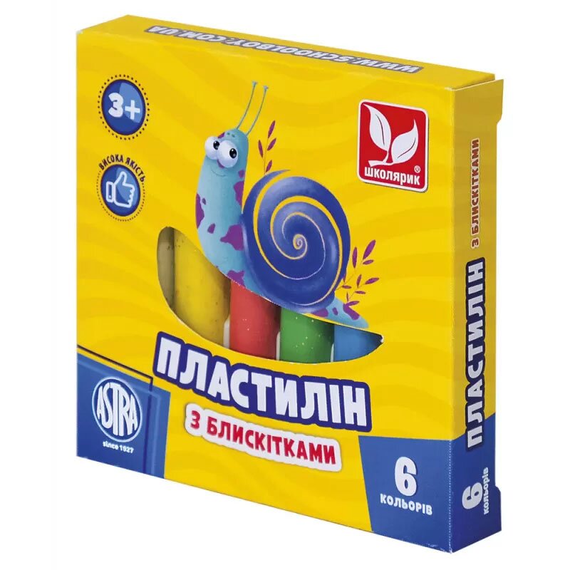 Пластилін восковий Школярик 6 кольорів круглий з блискітками 303109001-UA (4823088216110)(SC)  Фото №0