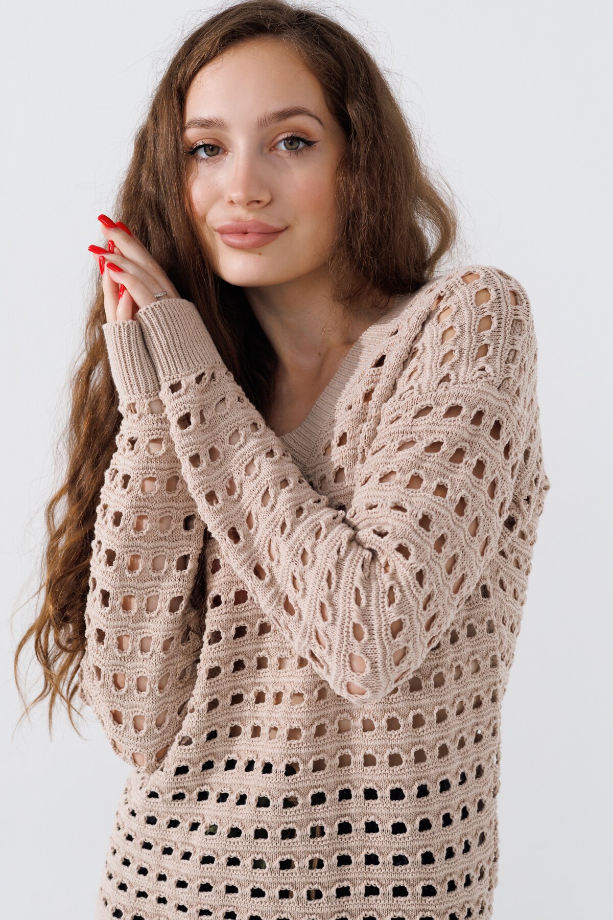 Пуловер однотонный женский Femme 1016 One Size Бежевый (2000989871156D)  Фото №2