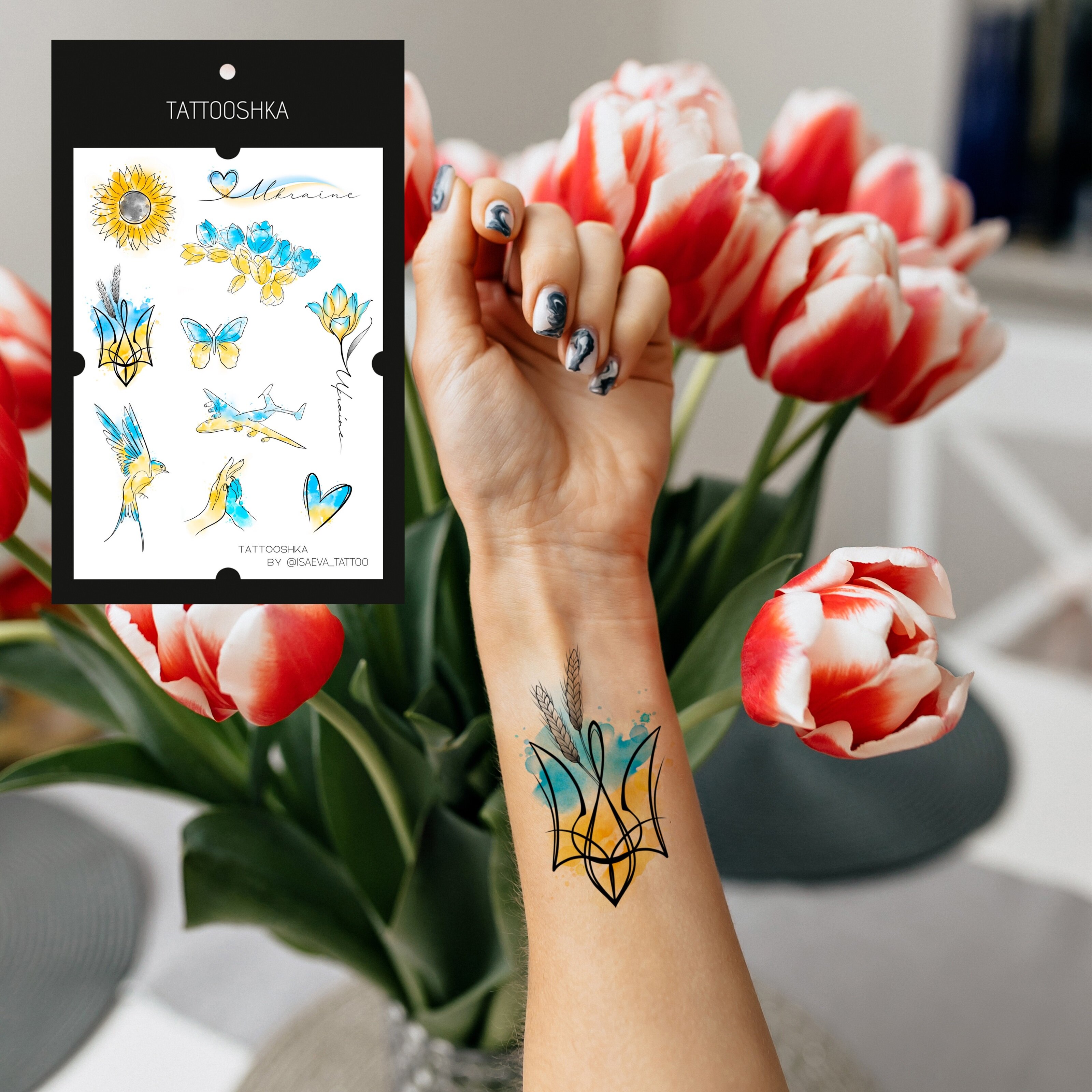 Купити Тимчасові тату набір 10 тату Tattooshka "Українська акварель" LB-138 (5805800013510) Артикул: 5805800013510 Фото повноекранне №3